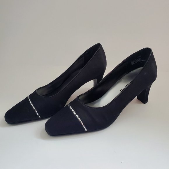 Sateen Black Low Heel Shoes Square Toe Silver Accent Office Holiday Party - Picture 6 of 9